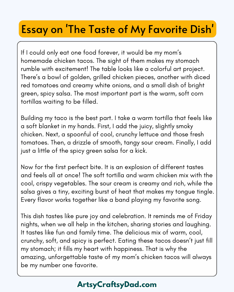 'The Taste of My Favorite Dish' - 300 Words Essay for Grades 6 to 7 Students