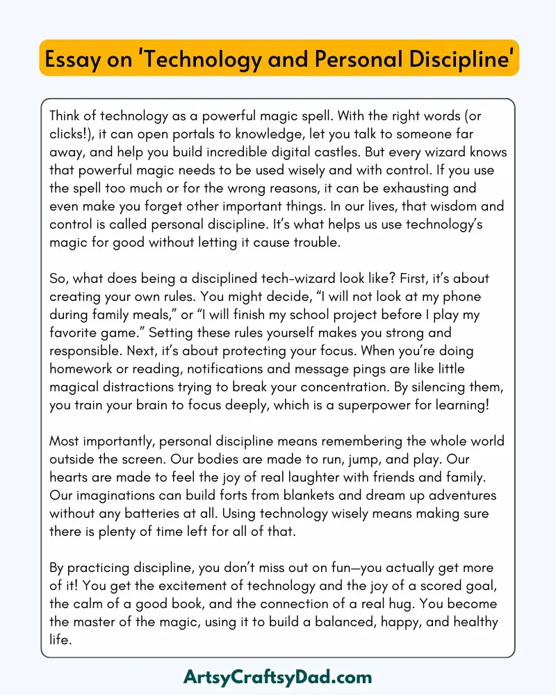 'Technology and Personal Discipline' - 300 Words Essay for Grades 8 to 10 Students