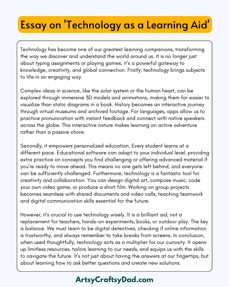 'Technology as a Learning Aid' - 300 Words Essay for Grades 7 to 10 Students