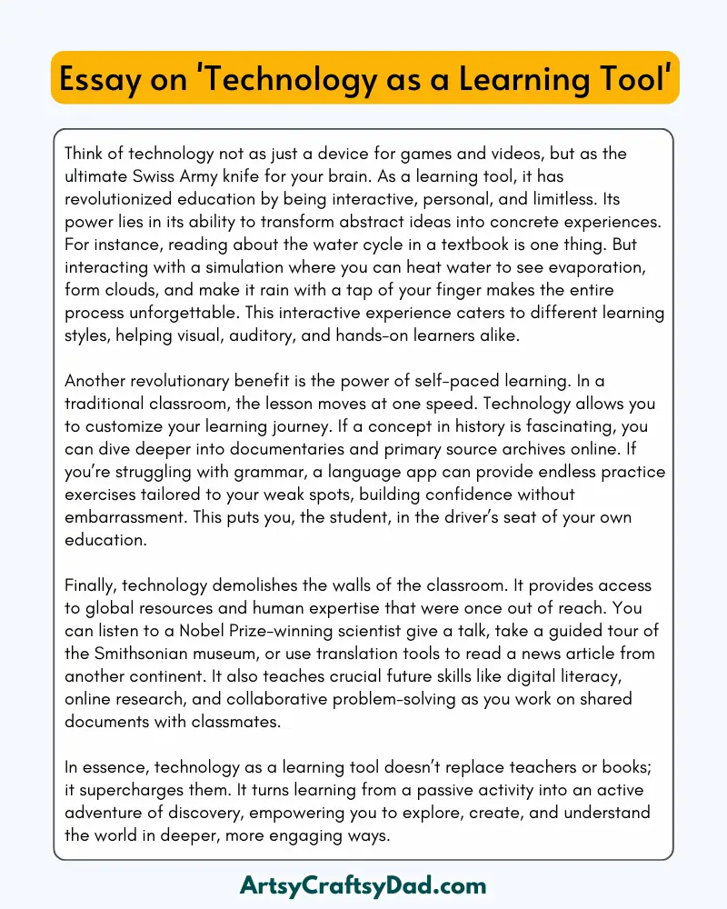 'Technology as a Learning Tool' - 300 Words  Essay for Grades 9 to 10 Students