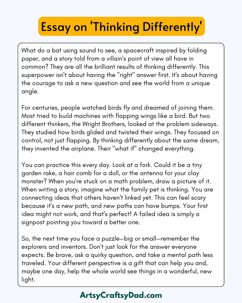 'Thinking Differently' - 300 Words Essay for Grades 9 to 10 Students