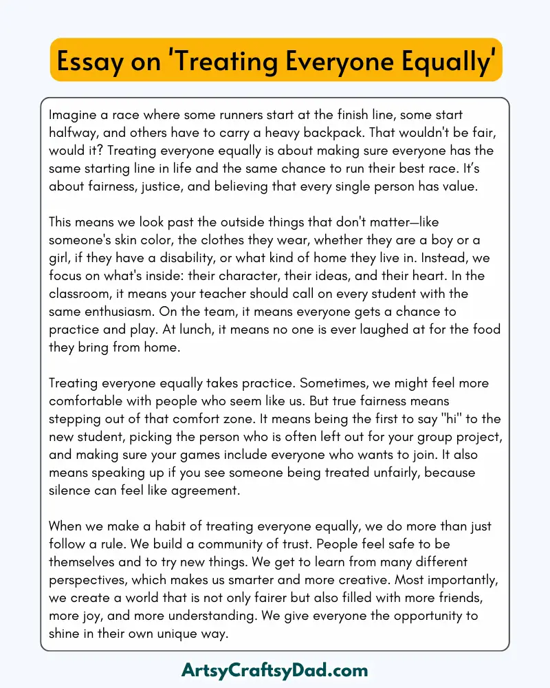 'Treating Everyone Equally' - 300 Words  Essay for Grades 8 to 10 Students