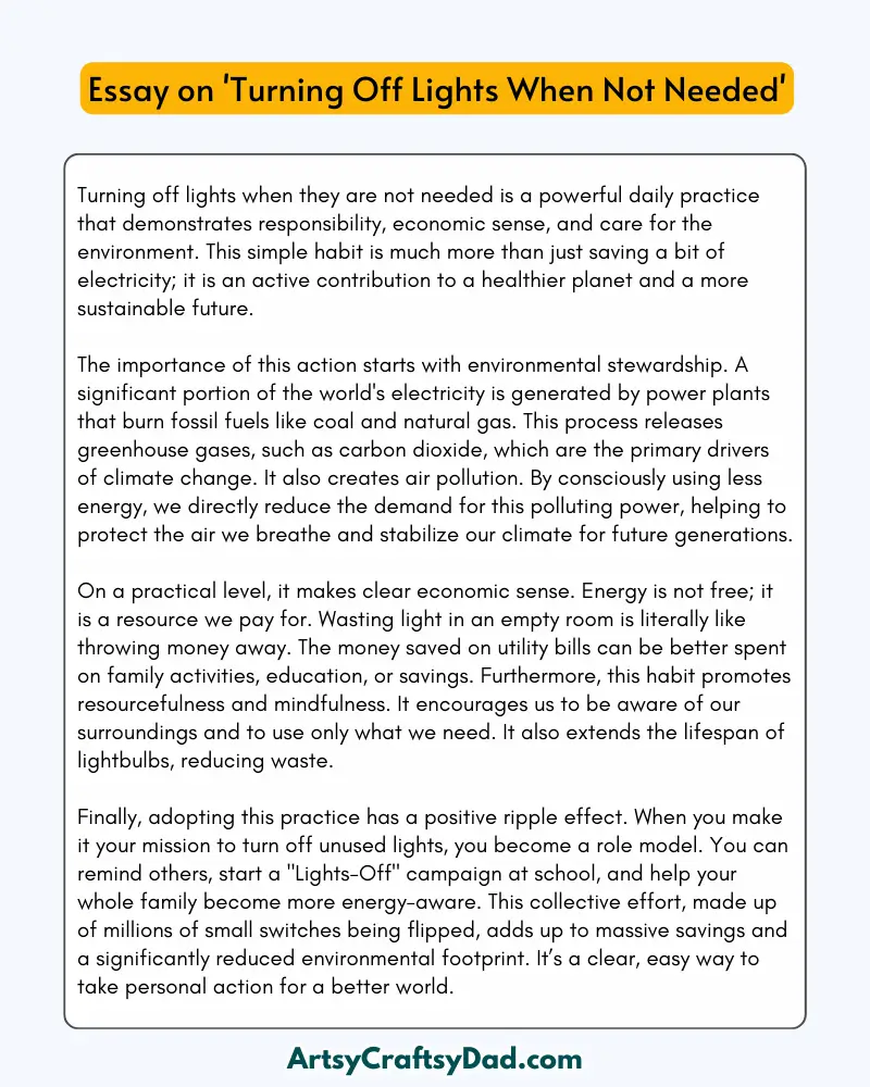 'Turning Off Lights When Not Needed' - 300 Words  Essay for Grades 8 to 10 Students
