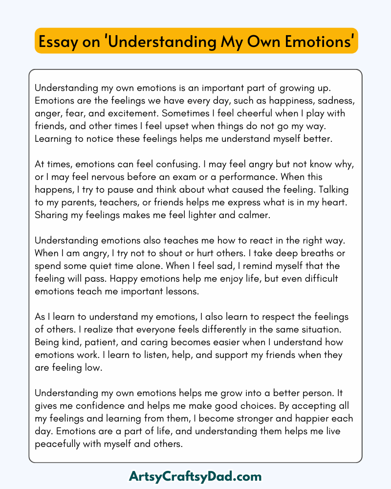 'Understanding My Own Emotions' - 300 Words Essay for Grades 8 to 10 Students