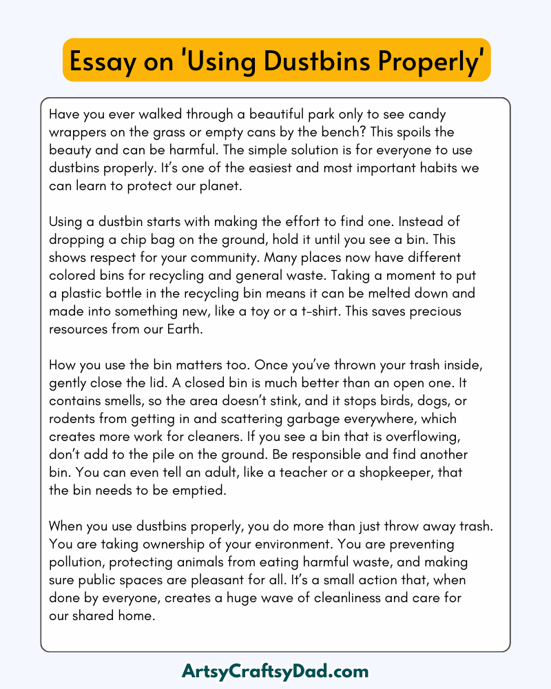 'Using Dustbins Properly ' - 300 Words Essay for Grades 7 to 8 Students