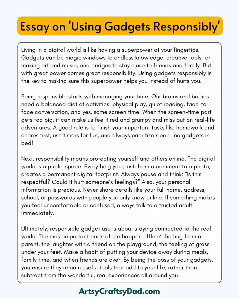 'Using Gadgets Responsibly' - 300 Words  Essay for Grades 8 to 10  Students