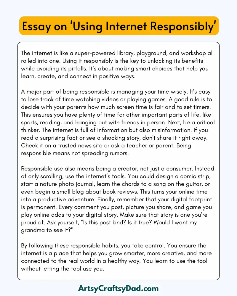 'Using Internet Responsibly' - 300 Words  Essay for Grades 8 to 10 Students