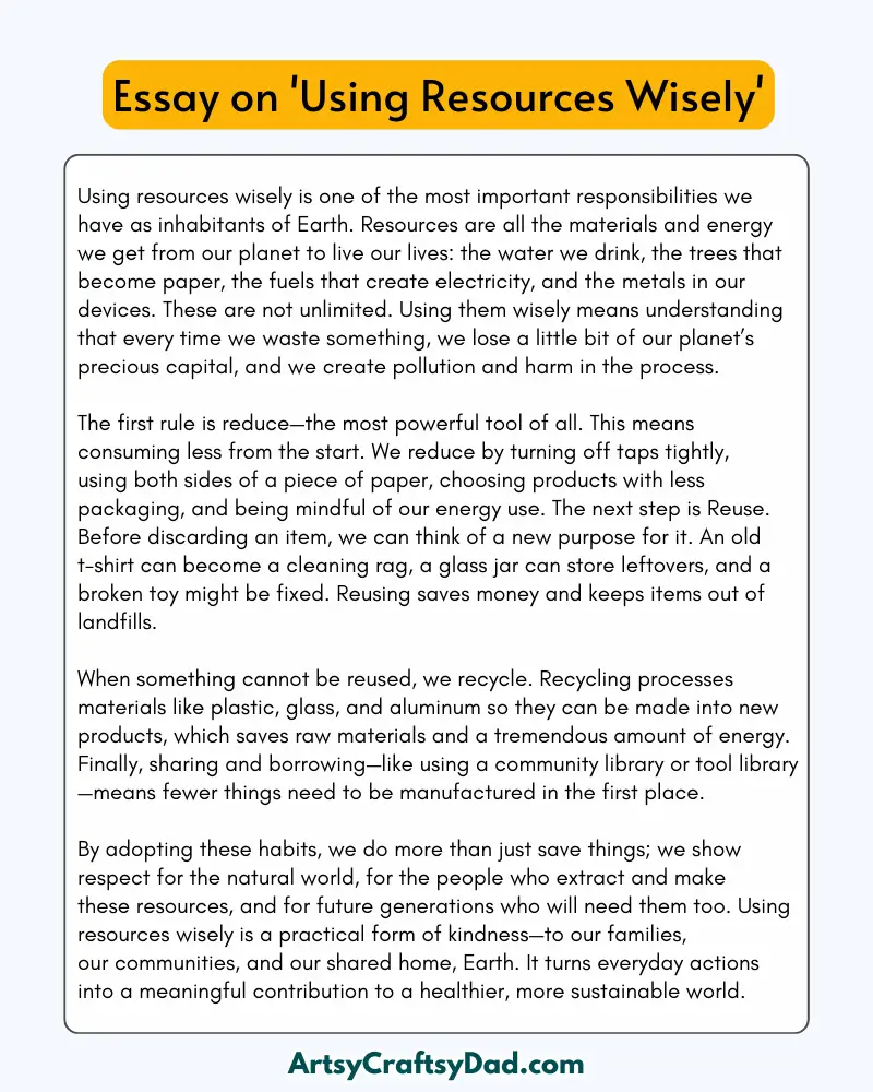 'Using Resources Wisely' - 300 Words  Essay for Grades 9 to 10 Students