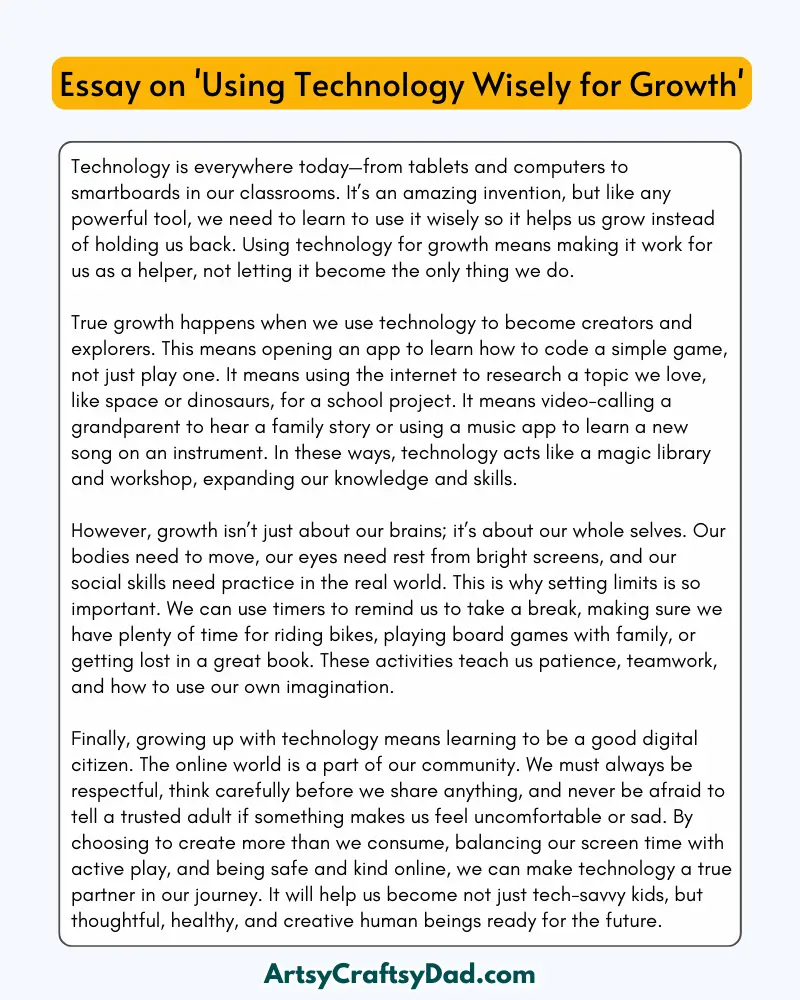'Using Technology Wisely for Growth' - 300 Words Essay for Grades 8 to 10 Students