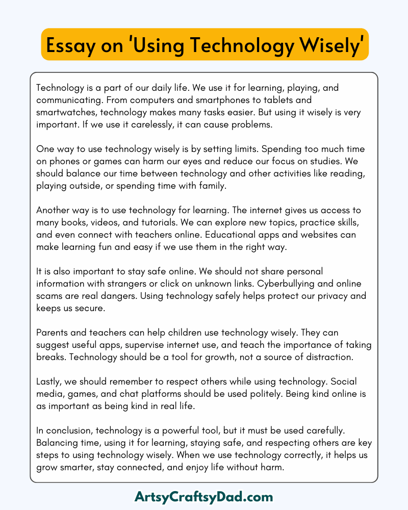 'Using Technology Wisely' - 300 Words Essay for Grades 8 to 10 Students
