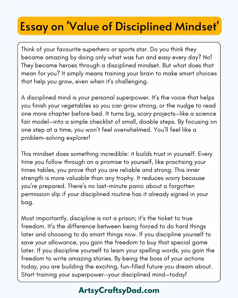 'Value of Disciplined Mindset ' – 300 Words Essay for Grades 8 to 10 Students