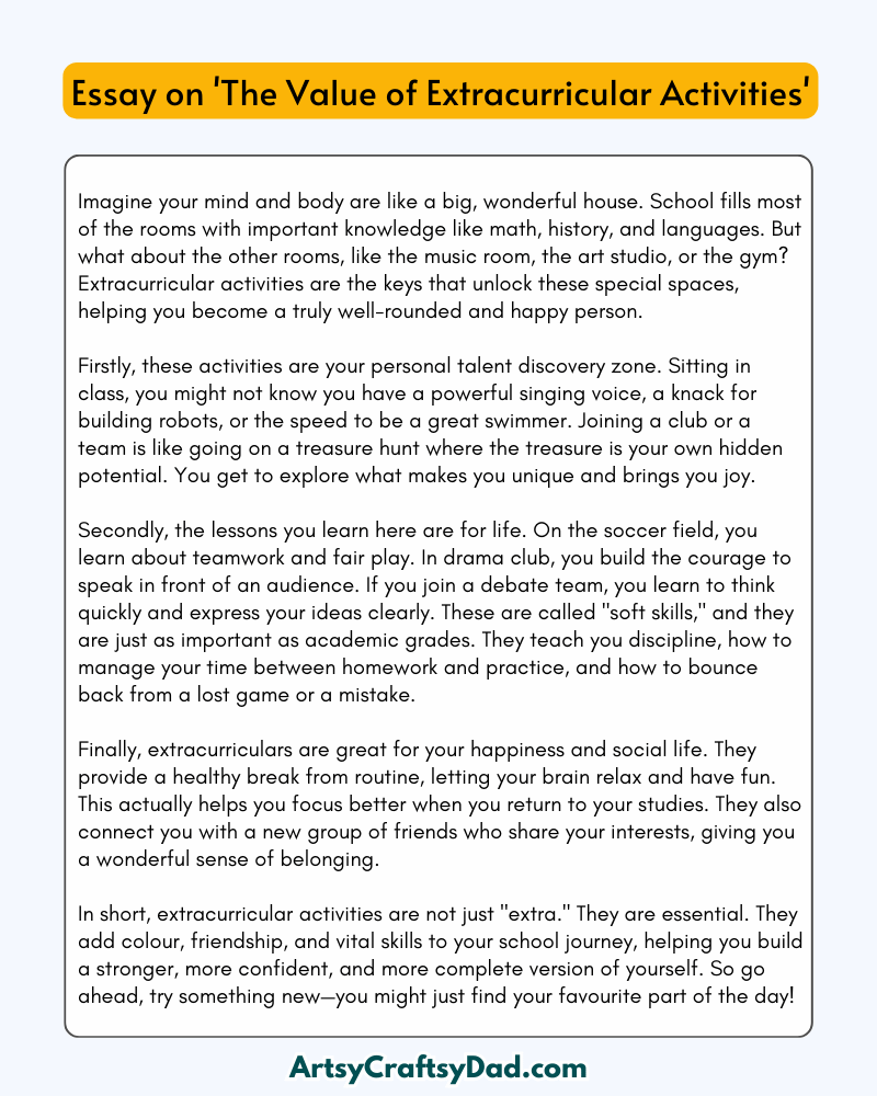 'The Value of Extracurricular Activities' - 300 Words Essay for Grades 8 to 10 Students  