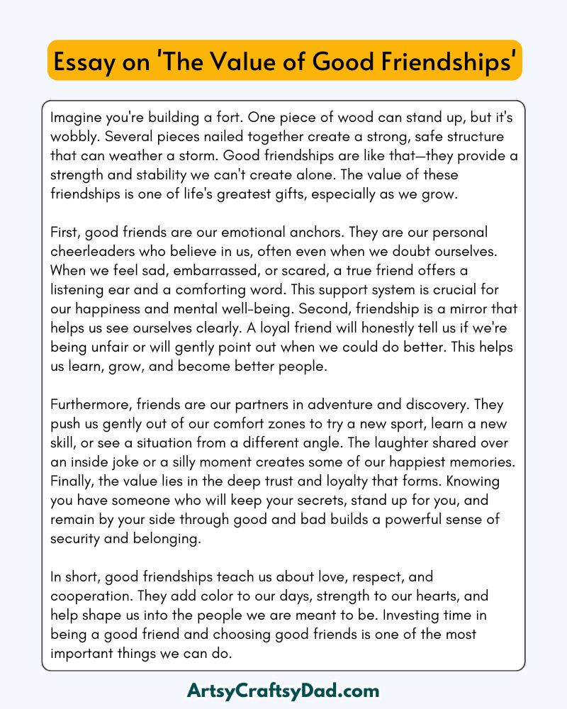 'The Value of Good Friendships' - 300 Words Essay for Grades 8 to 10 Students