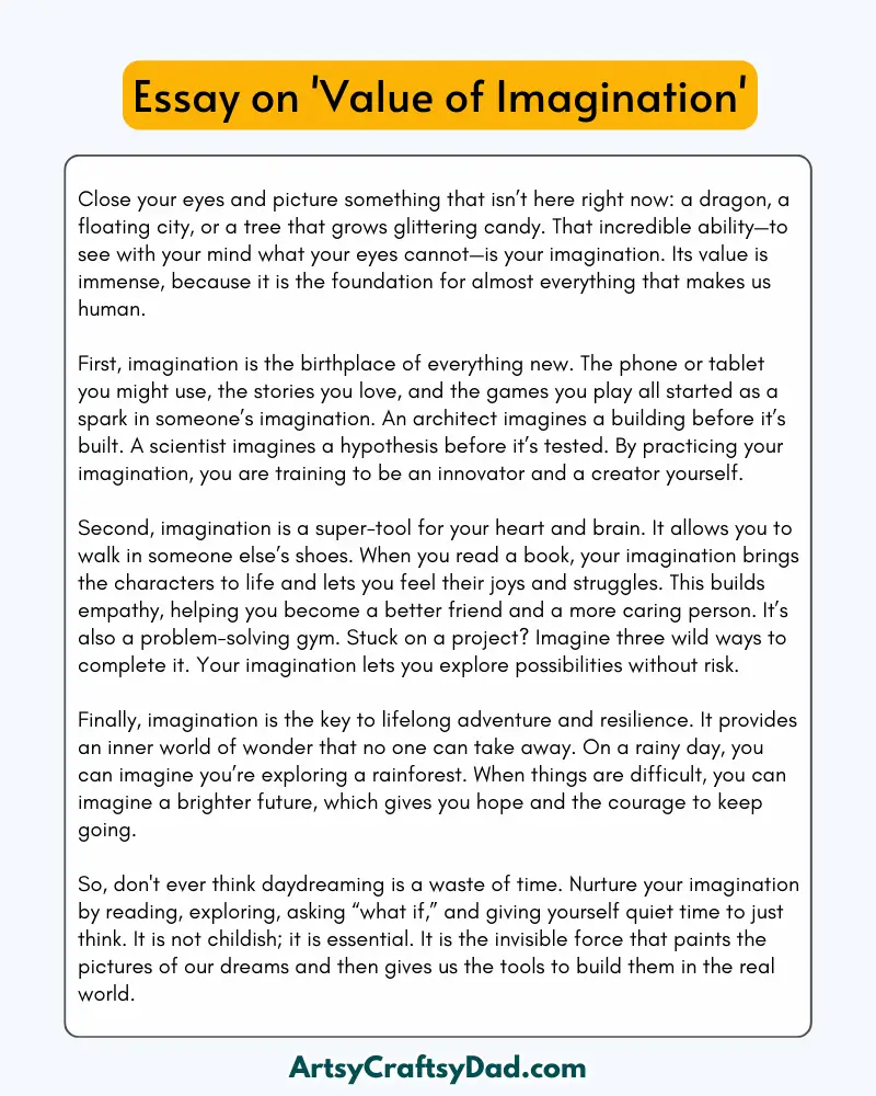 'Value of Imagination' - 300 Words  Essay for Grades 9 to 10 Students