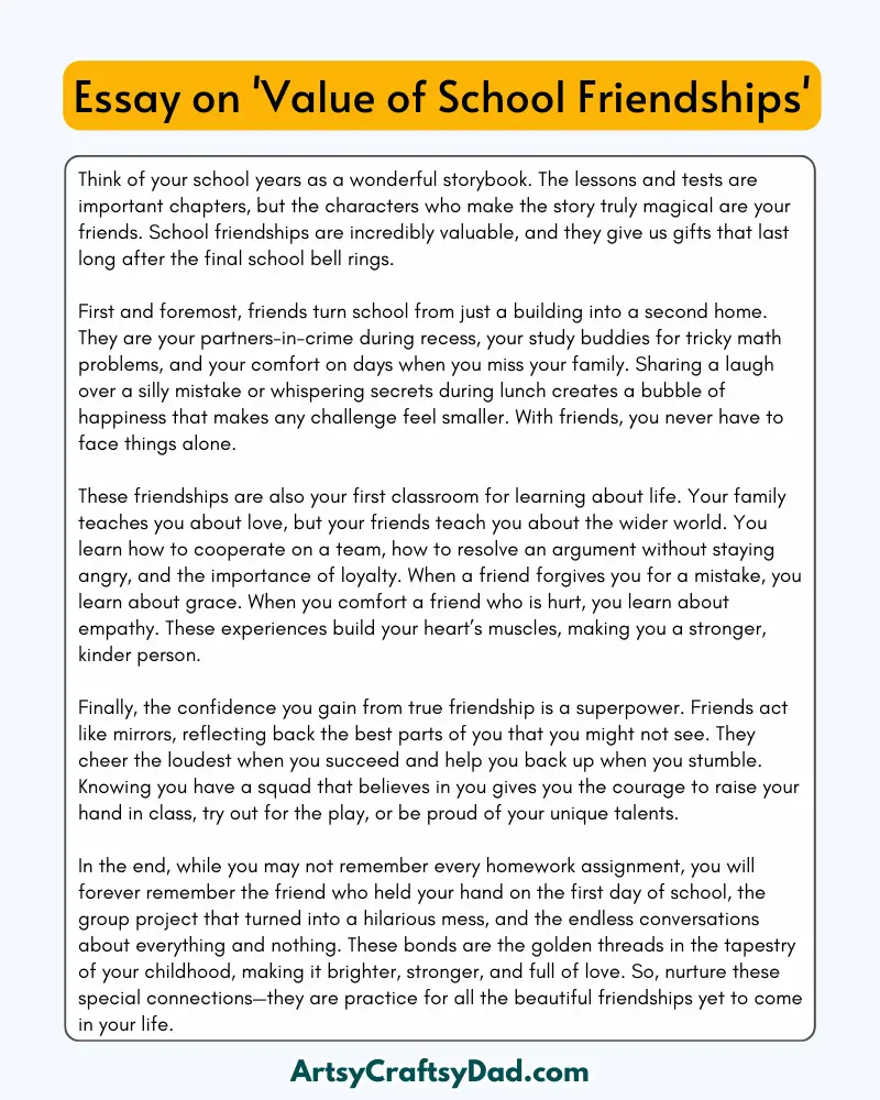 'Value of School Friendships' – 300 Words Essay for Grades 8 to 10 Students