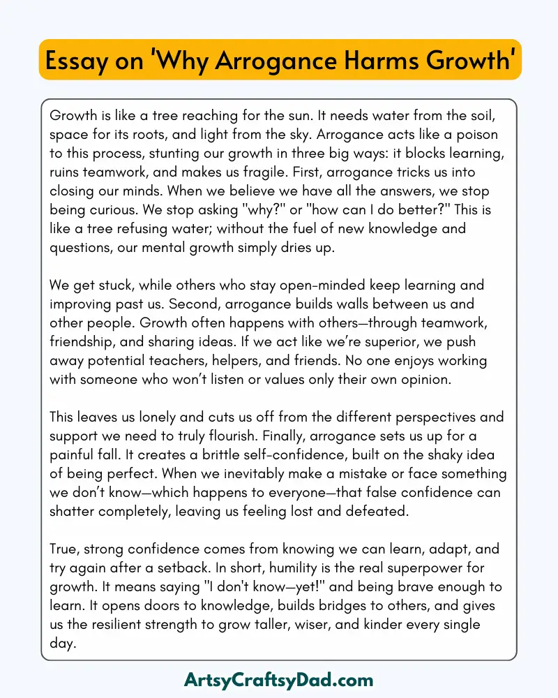 'Why Arrogance Harms Growth' - 300 Words  Essay for Grades 9 to 10 Students