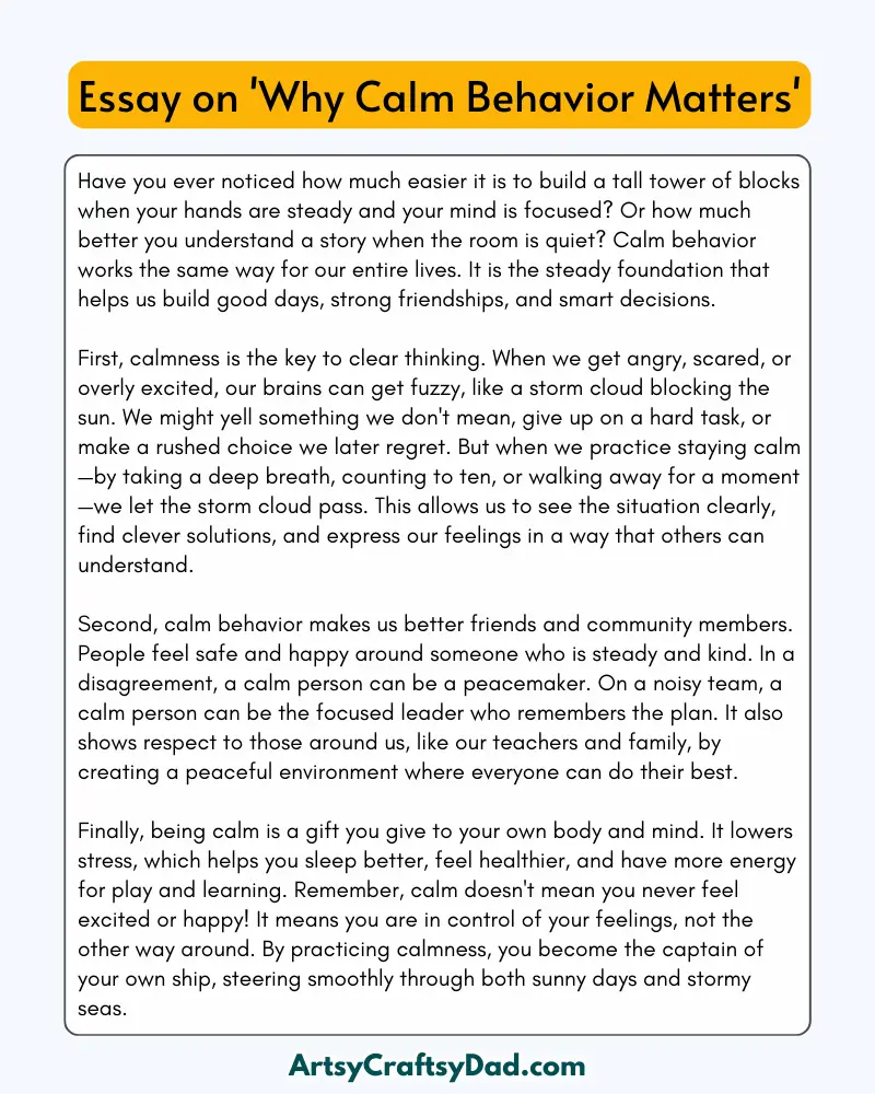 'Why Calm Behavior Matters' - 300 Words Essay for Grades 6 to 9 Students