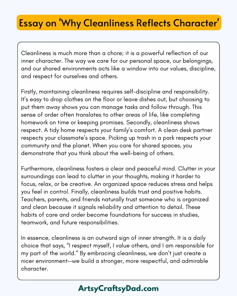 'Why Cleanliness Reflects Character ' - 300 Words  Essay for Grades 9 to 10 Students