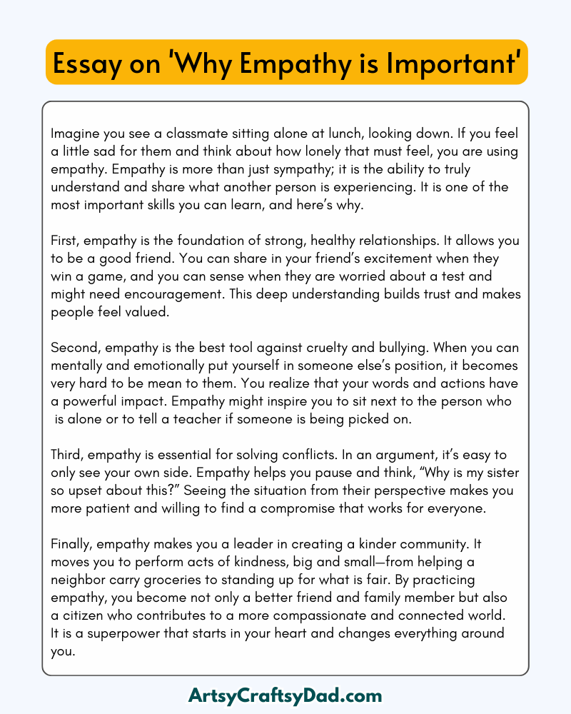 'Why Empathy is Important' - 300 Words Essay for Grades 8 to 10  Students