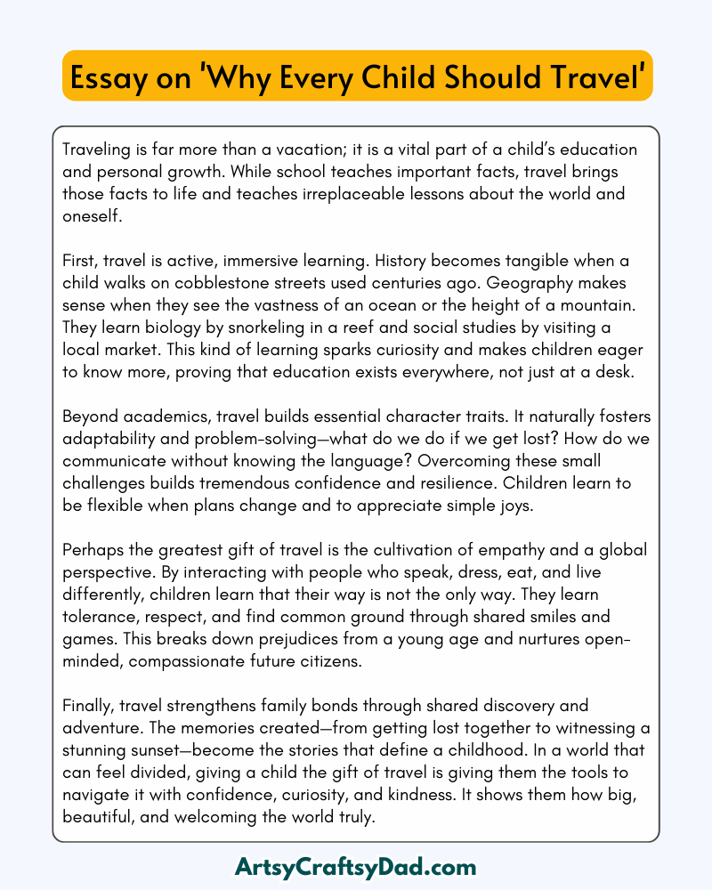 'Why Every Child Should Travel' - 300 Words Essay for Grades 8 to 10 Students