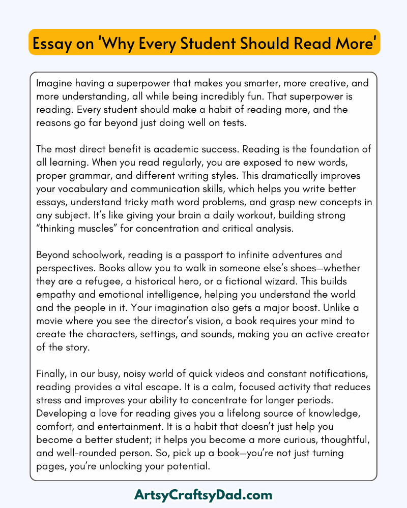 'Why Every Student Should Read More' - 300 Words Essay for Grades 7 to 8 Students