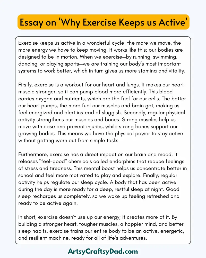 'Why Exercise Keeps us Active' - 300 Words  Essay for Grade 8 Students