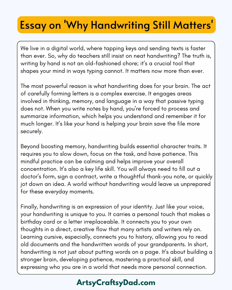 'Why Handwriting Still Matters' - 300 Words  Essay for Grades 8 Students