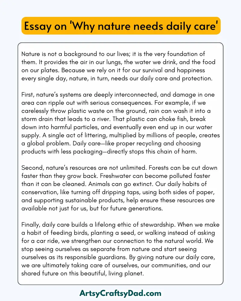 'Why Nature Needs Daily Care' - 300 Words  Essay for Grades 8 to 10 Students