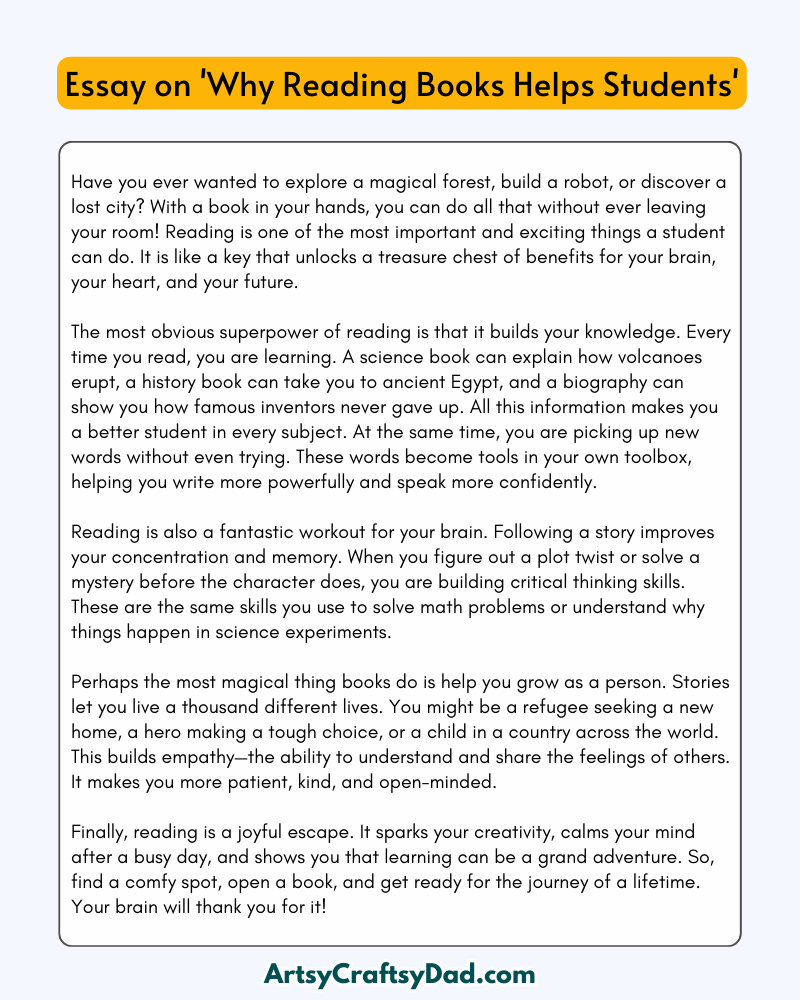 'Why Reading Books Helps Students' - 300 Words Essay for Grades 8 to 10 Students