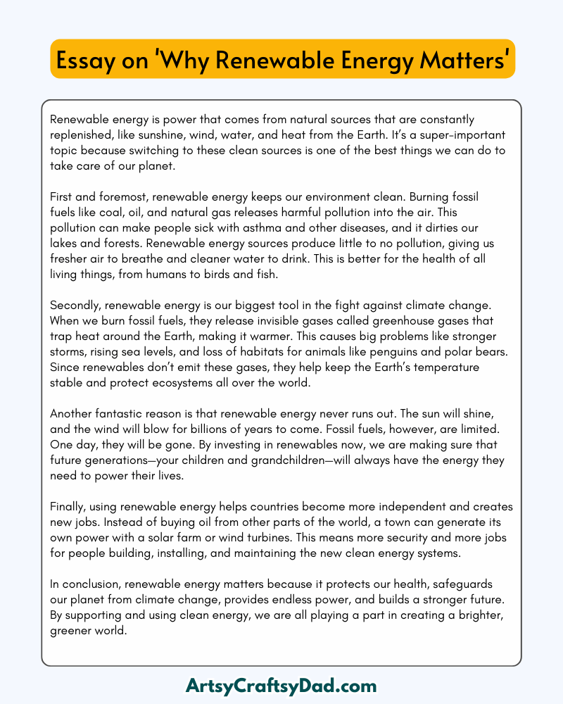 'Why Renewable Energy Matters' – 300 Words Essay for Grades 8 to 10