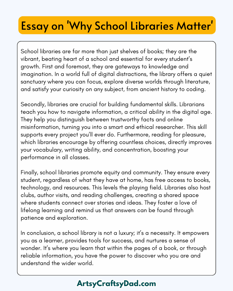 'Why School Libraries Matter' - 300 Words Essay for Grades 8 to 10 Students