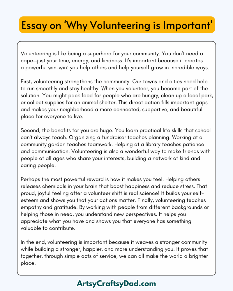 'Why Volunteering is Important' - 300 Words Essay for Grades 8 to 10 Students