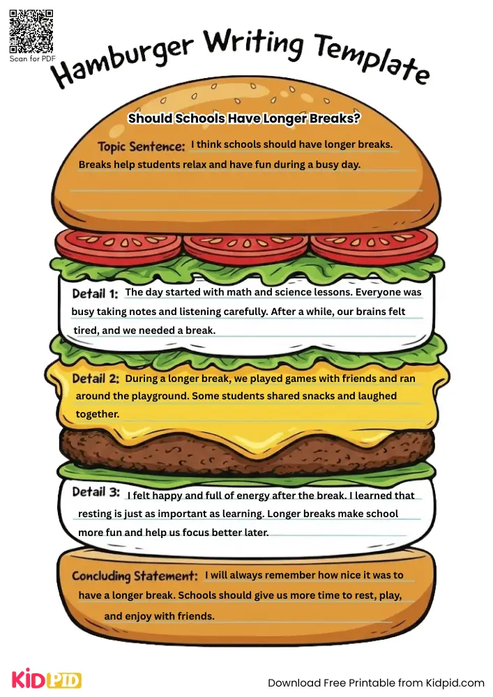 Hamburger Paragraph on 'Should Schools Have Longer Breaks' (Free Template)