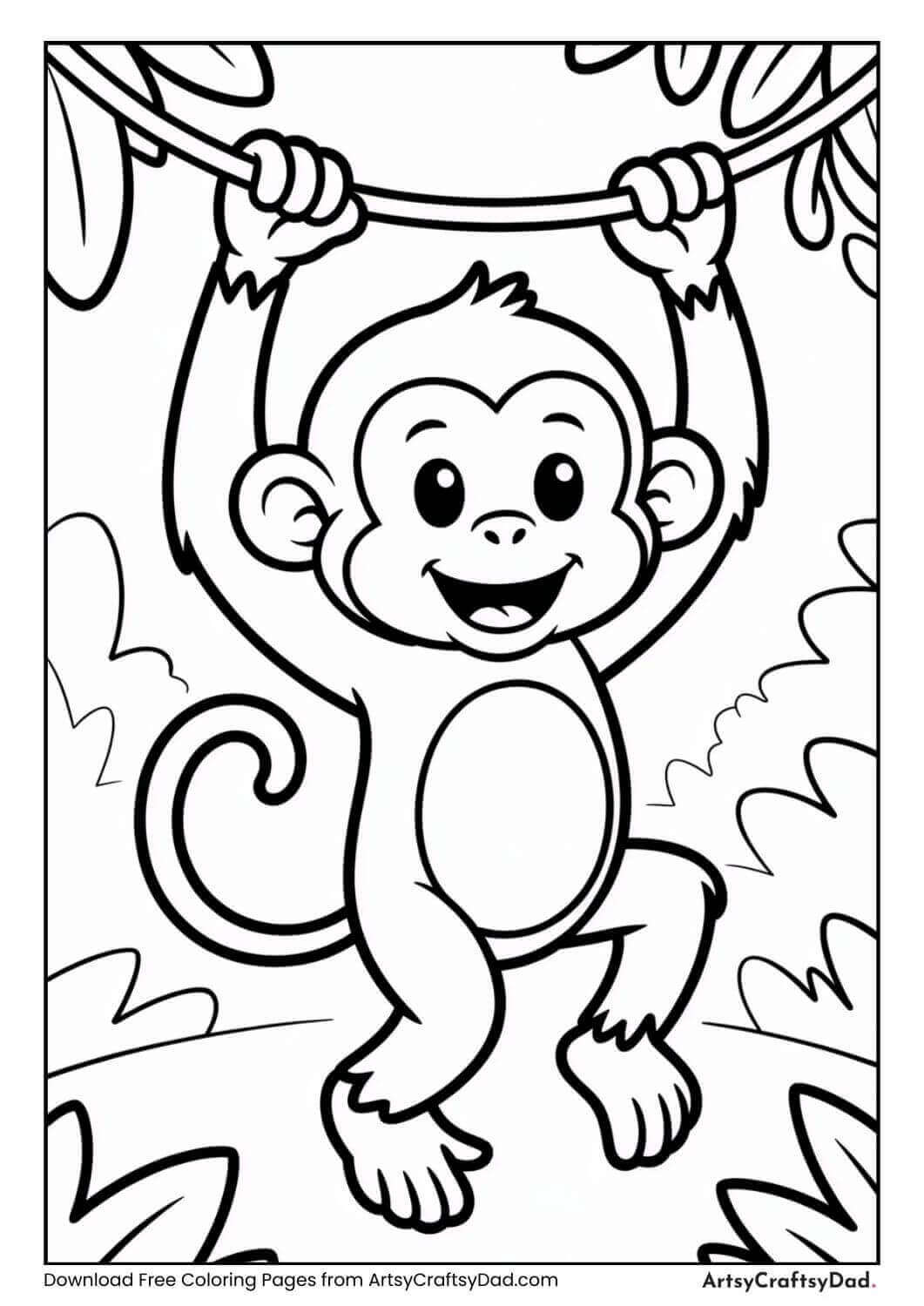 Monkey swinging on vine jungle coloring page for kids