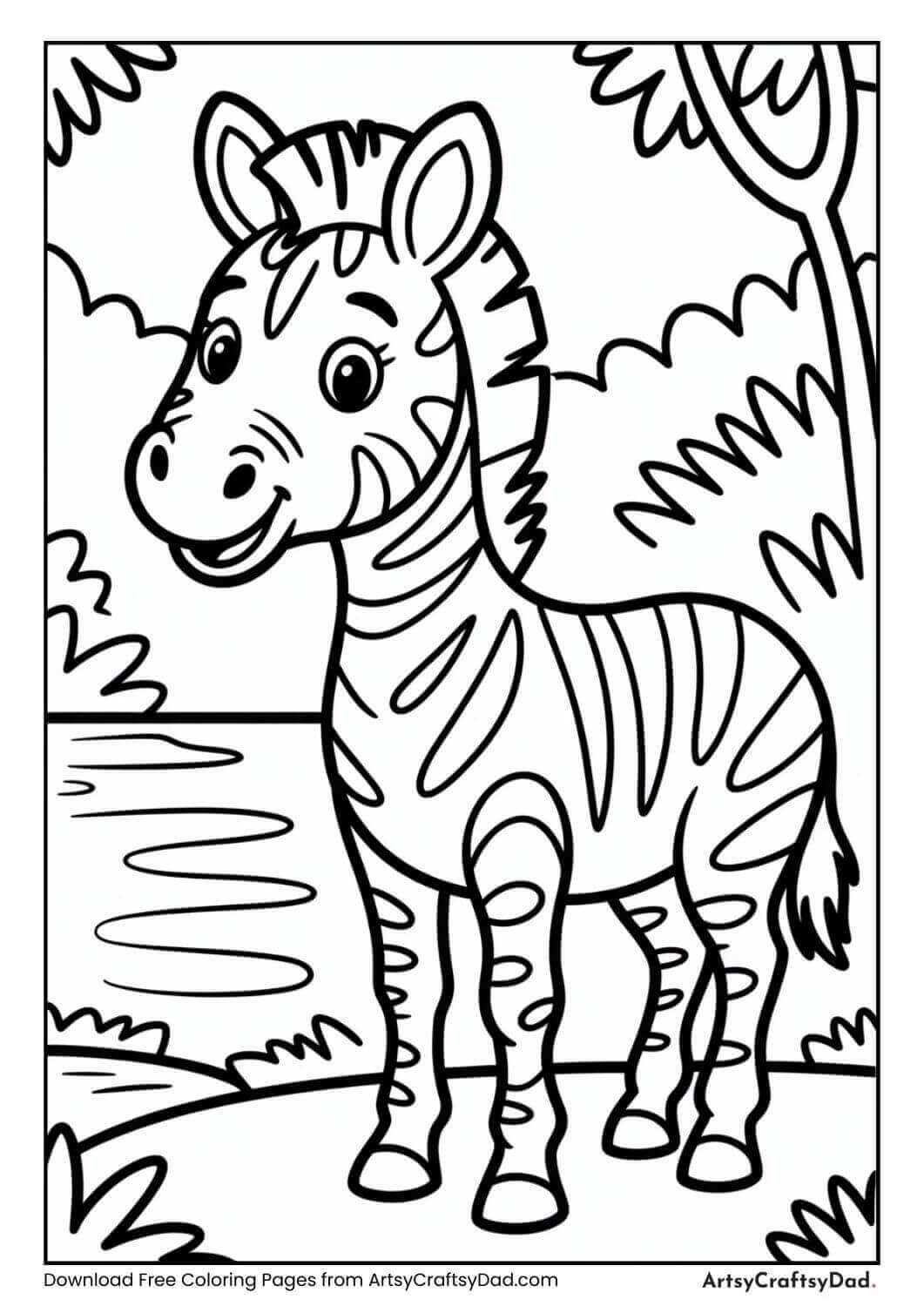 Zebra standing near jungle river black and white coloring page.