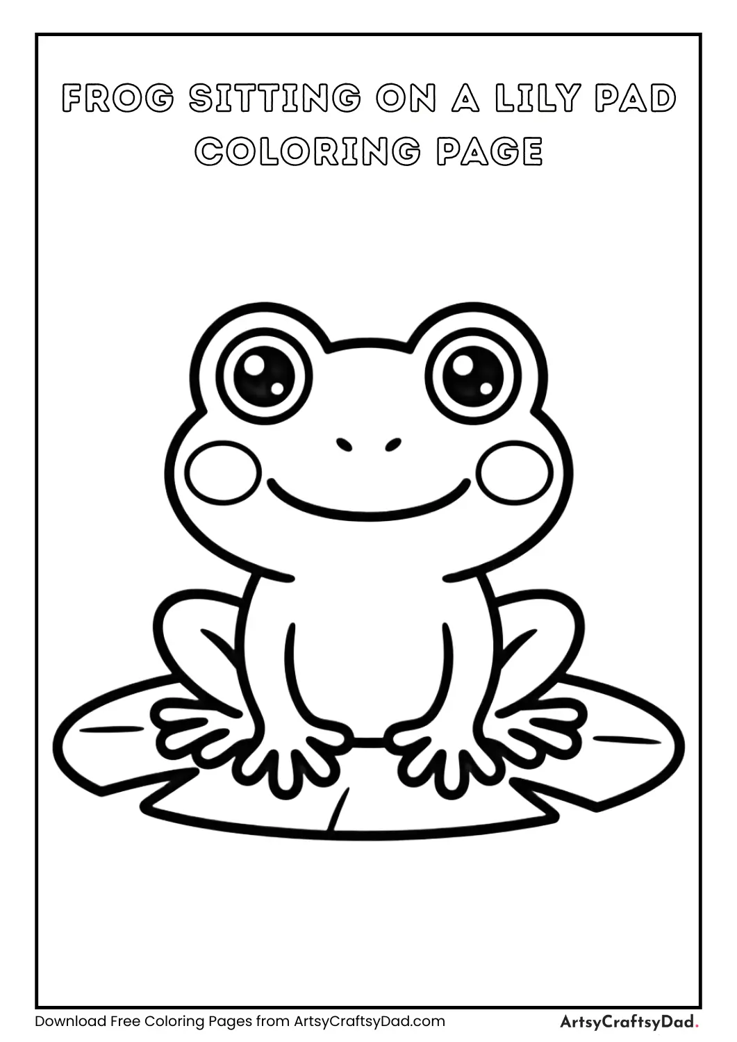 Cute frog sitting on a lily pad black and white coloring page