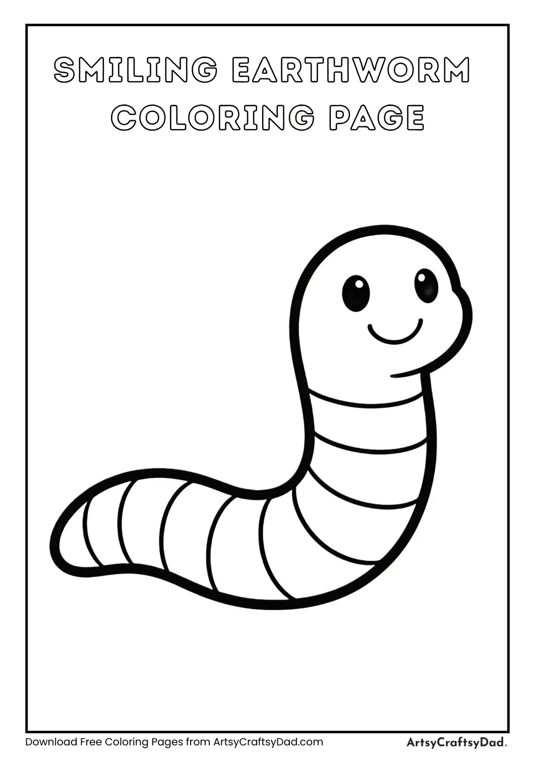 Smiling cartoon earthworm black and white coloring page for kids