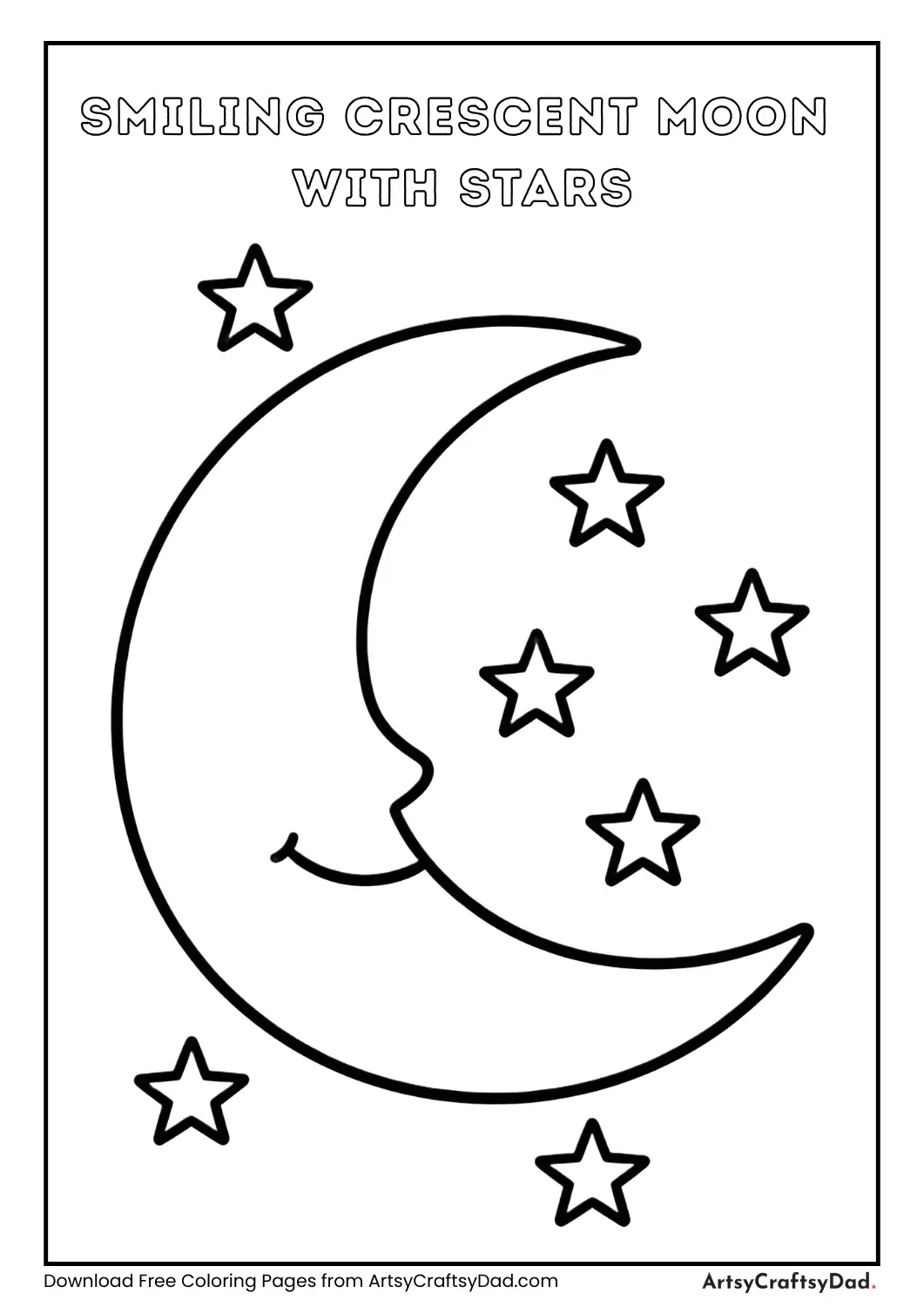 Smiling crescent moon with stars black and white coloring page for kids