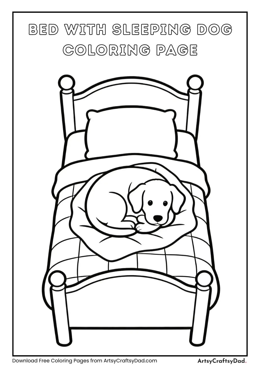 Bed with dog black and white coloring page
