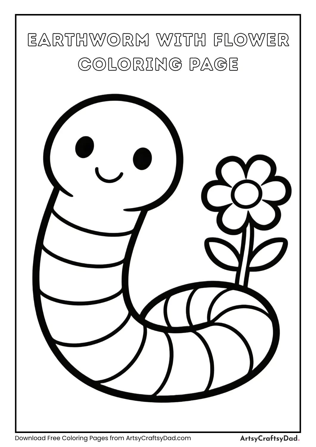 Earthworm and flower black and white coloring page