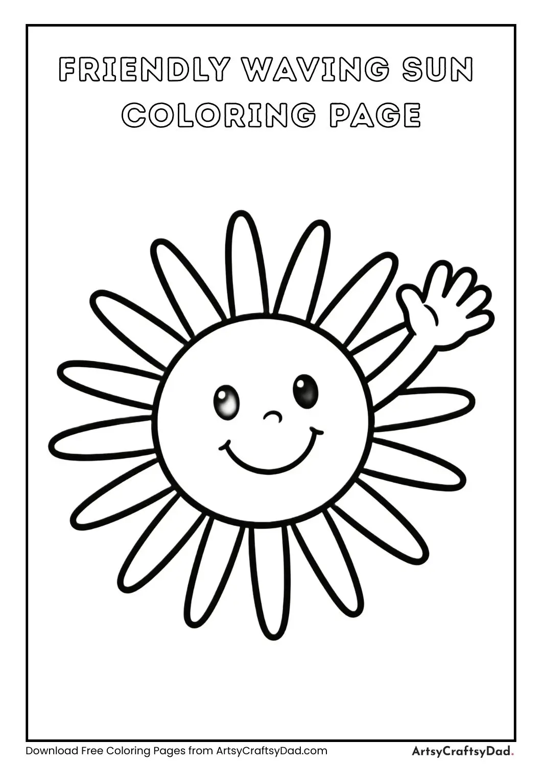 Friendly sun waving black and white coloring page for children