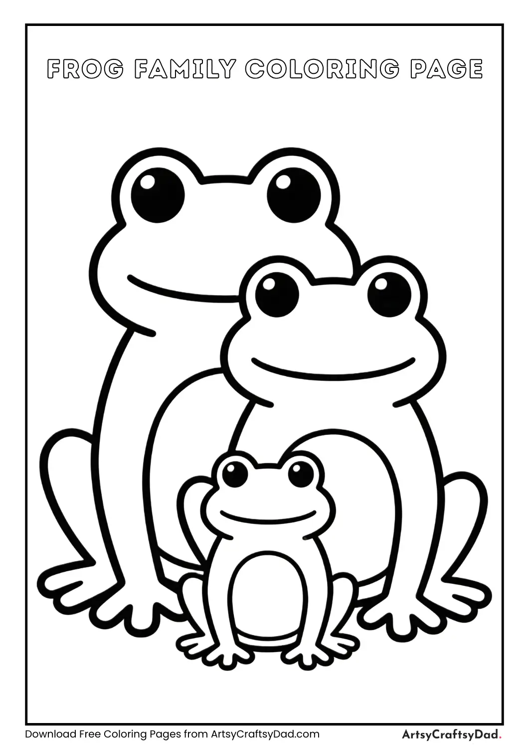 Frog family black and white coloring page for kids