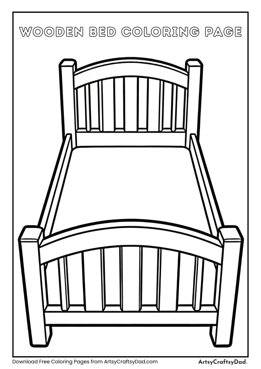 Wooden bed black and white coloring page for kids