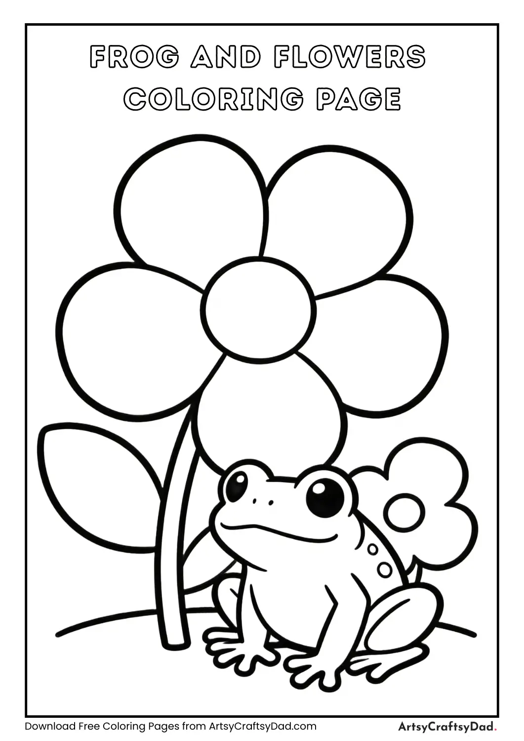 Frog near flowers black and white coloring page