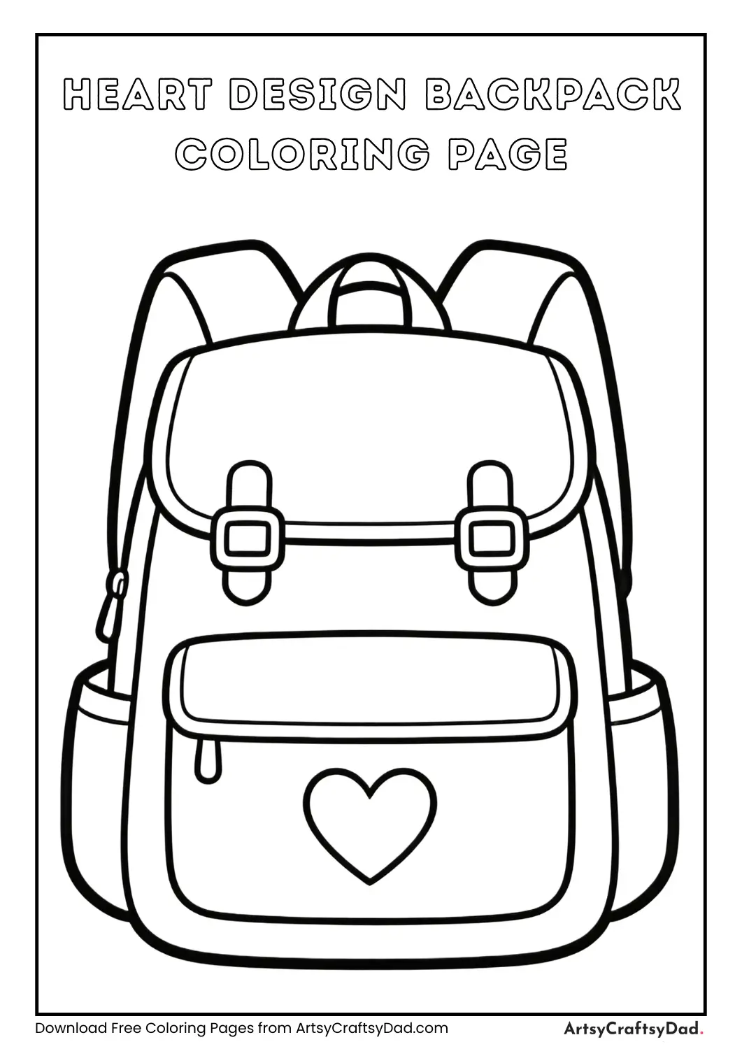 Backpack with heart design coloring page for kids