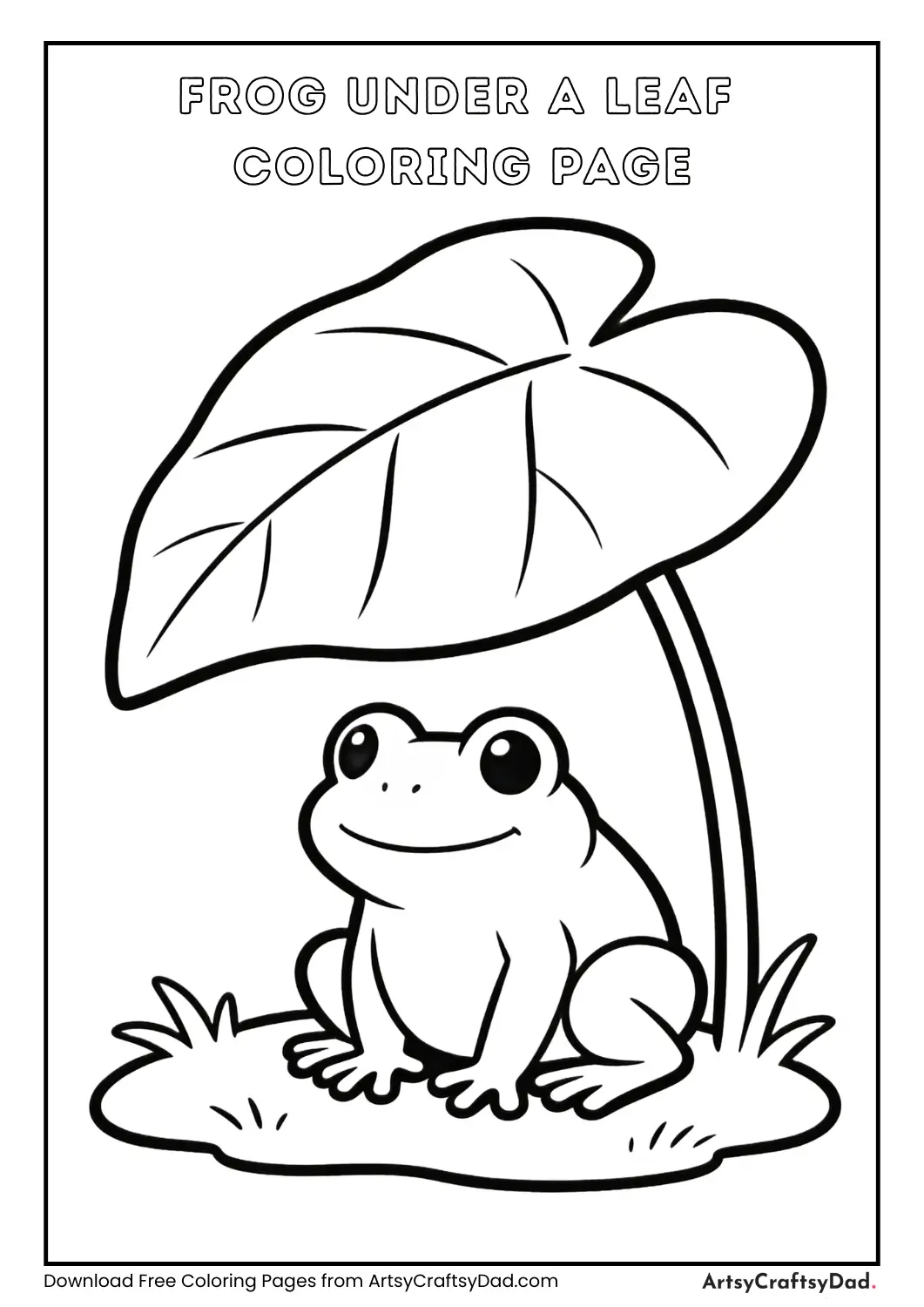 Frog sitting under a leaf black and white coloring page