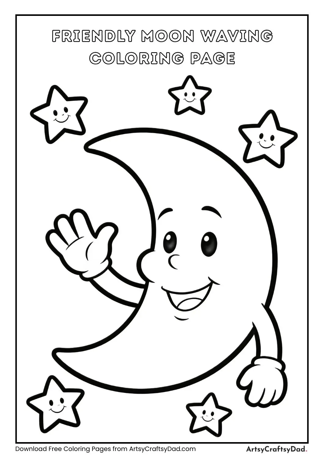 Moon face with big stars coloring page for kids