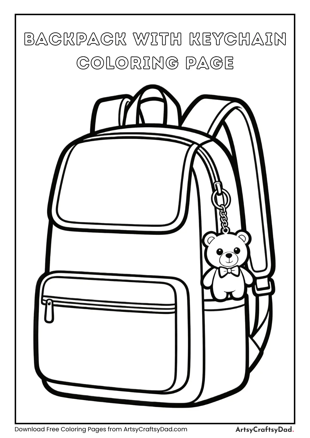 Backpack with teddy keychain coloring page for kids