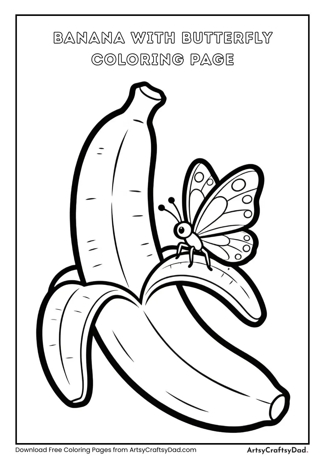 Banana with butterfly coloring page for kids