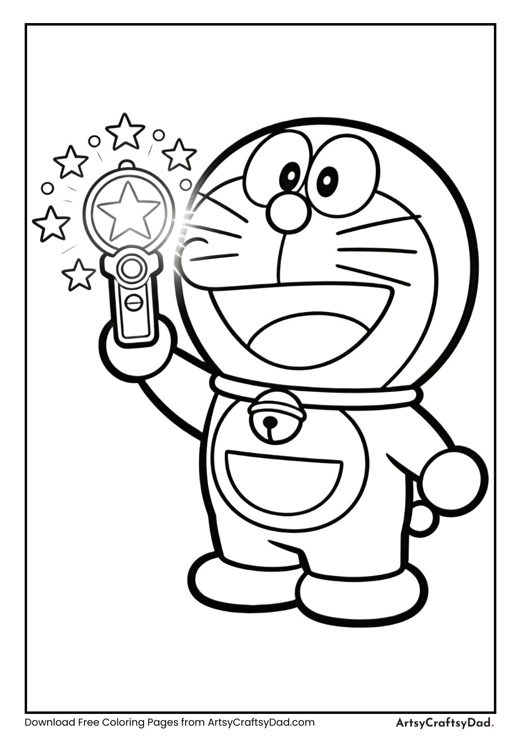 Doraemon holding a glowing magic gadget